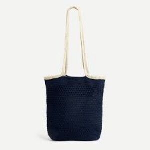 J Crew Navy Crochet Tote Bag with Cream Trim - NWT